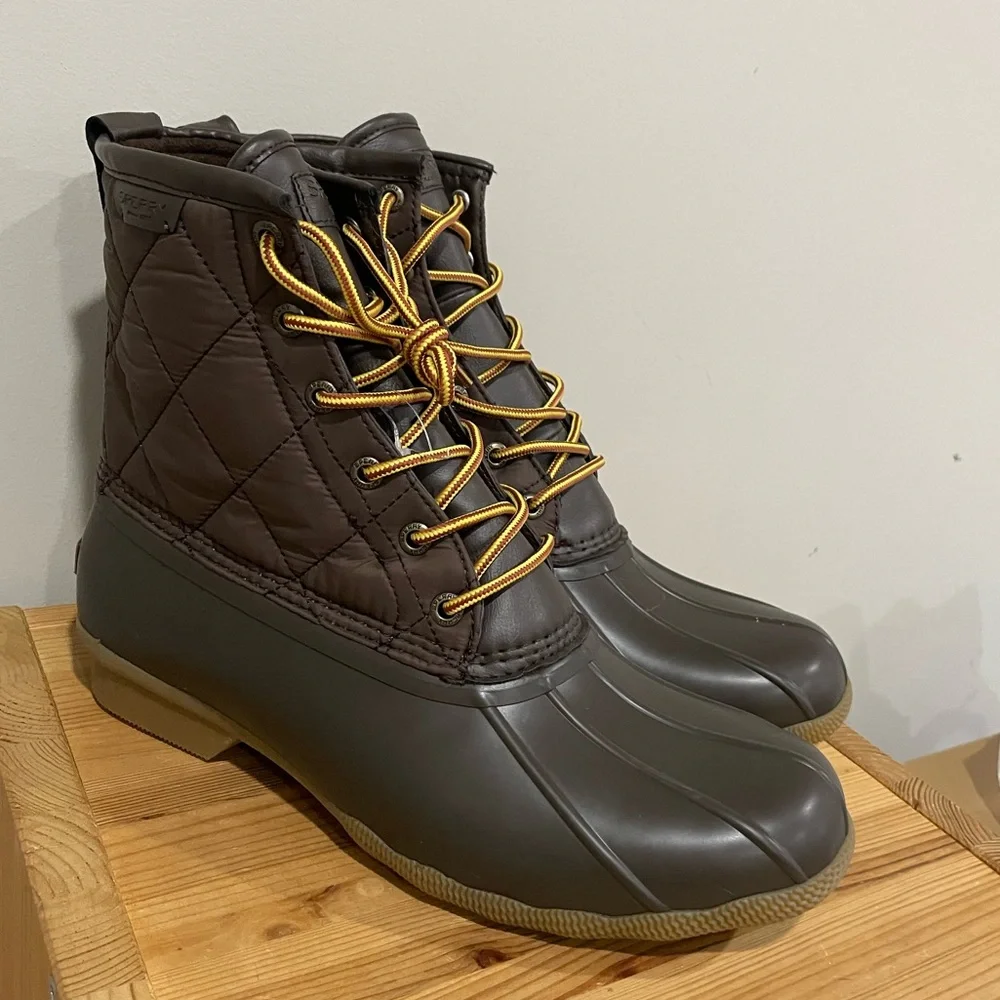 Sperry Brown Saltwater Duck Nylon Quilted Insulated Rain Boots Men Size 10.5
